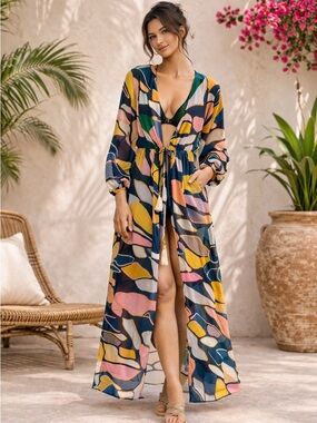 True Destinations Maxi Cover-Up Dress Abstract Boho Resort Swim Size Small